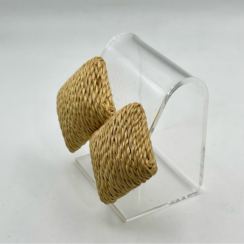 Rustic Jute Square Clip Earrings Statement Boho Vibe Neutral - Picture 5 of 16